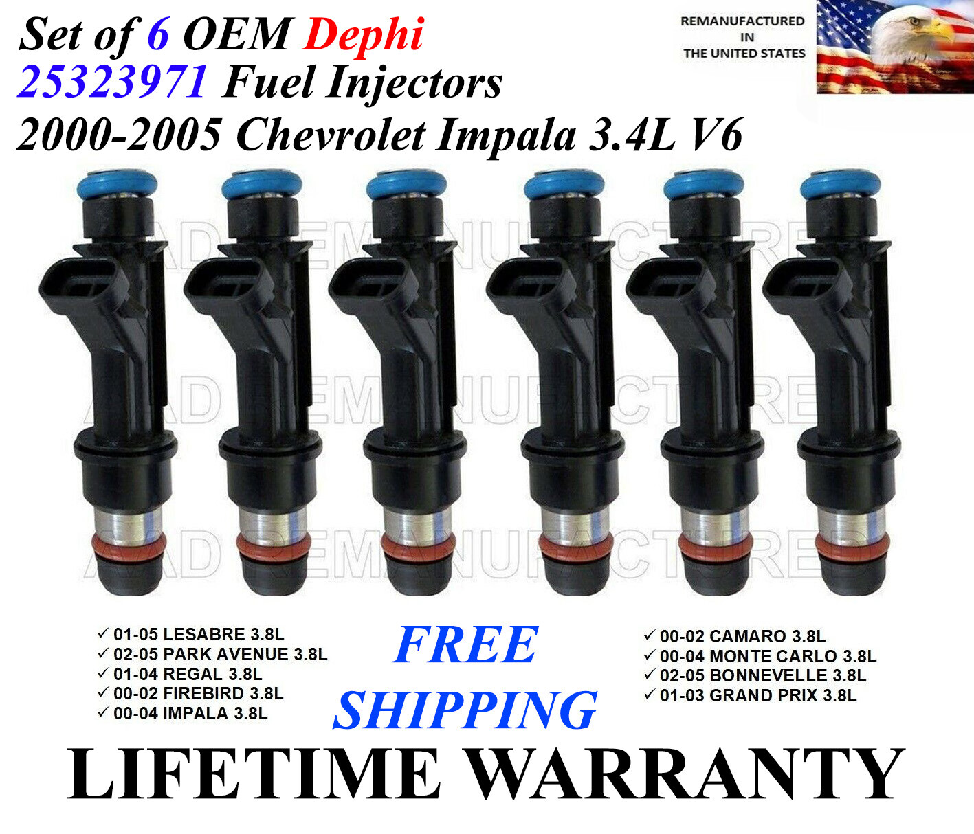 Genuine 6X OEM Delphi Fuel Injectors For 2000-2005 Chevrolet Impala 3.4L V6