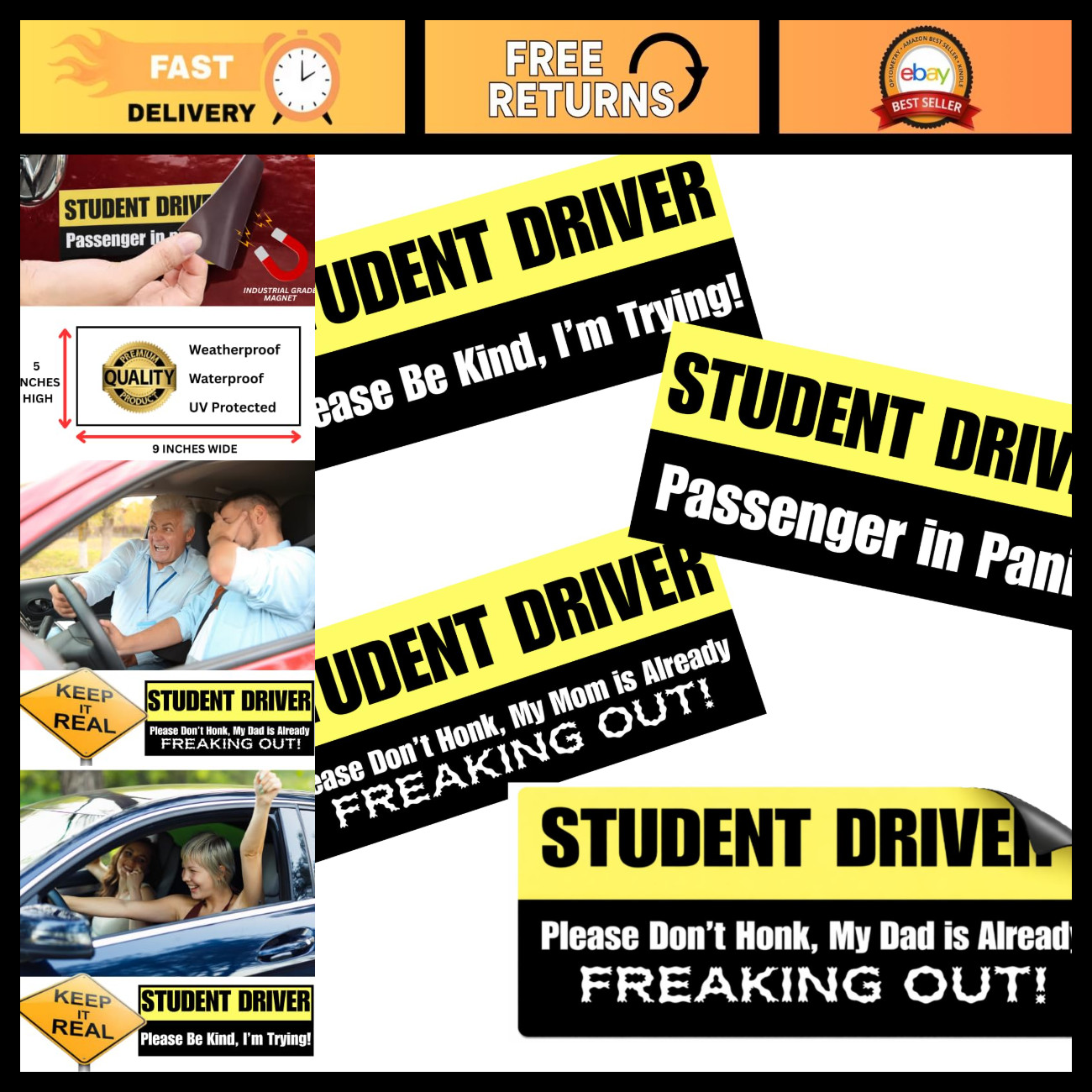 Funny Student Driver Magnet 4 Pack - Removable Bumper Stickers, Safety Signs for
