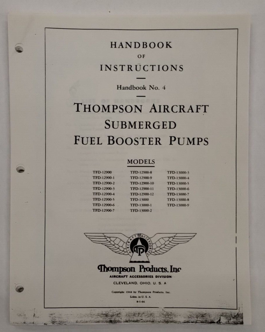 Thompson Aircraft Submerged Fuel Booster Pumps TFD-12900 thru TFD-1 3000-9 Thompson Aircraft Submerged Fuel Booster Pumps TFD-12900 thru TFD-1 3000-9