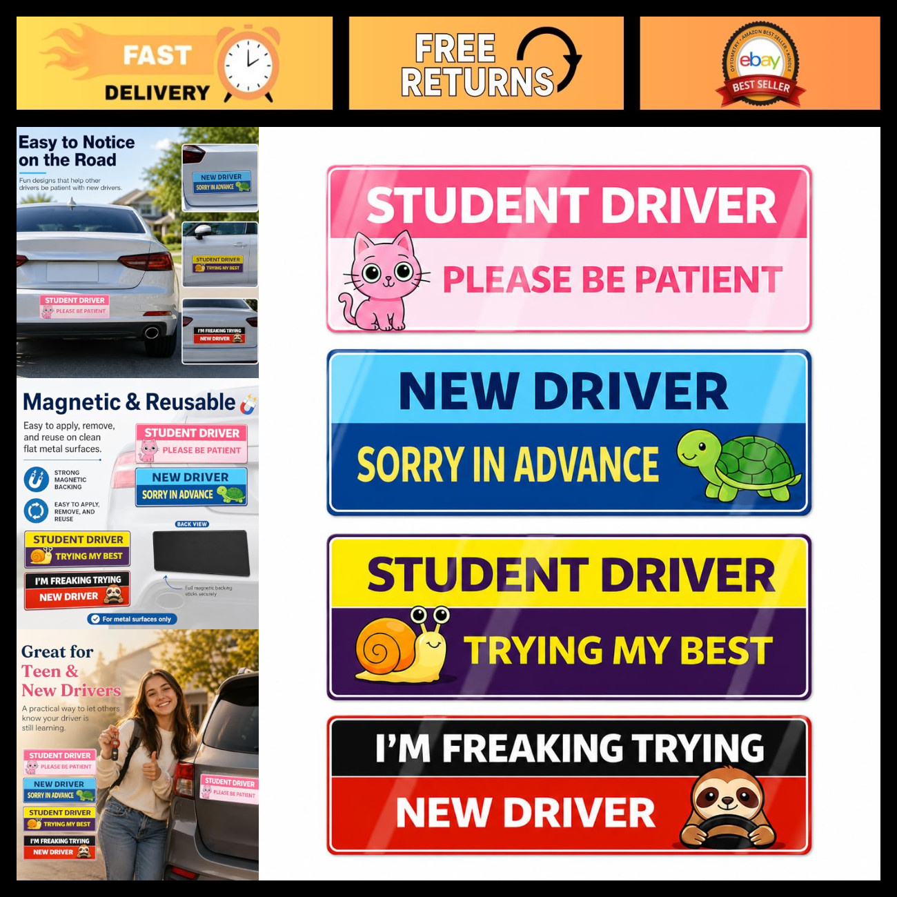 4PCS Student Driver Car Magnets - Funny Reflective Signs for New Drivers, Waterp 4PCS Student Driver Car Magnets - Funny Reflective Signs for New Drivers, Waterp