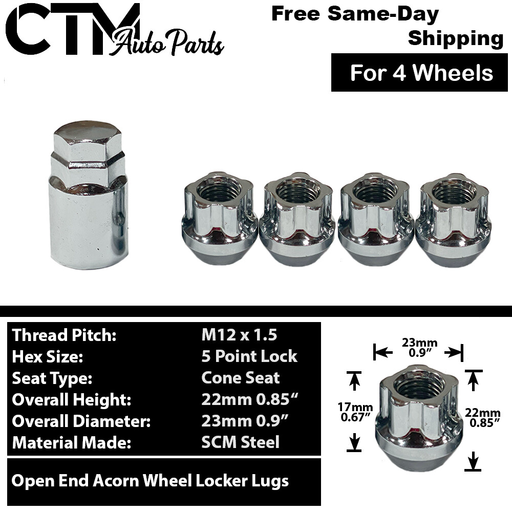 4x Chrome M12x1.5 Open End Anti-Theft Wheel Lock Lug Nut+Key Fit 4 Lug Model