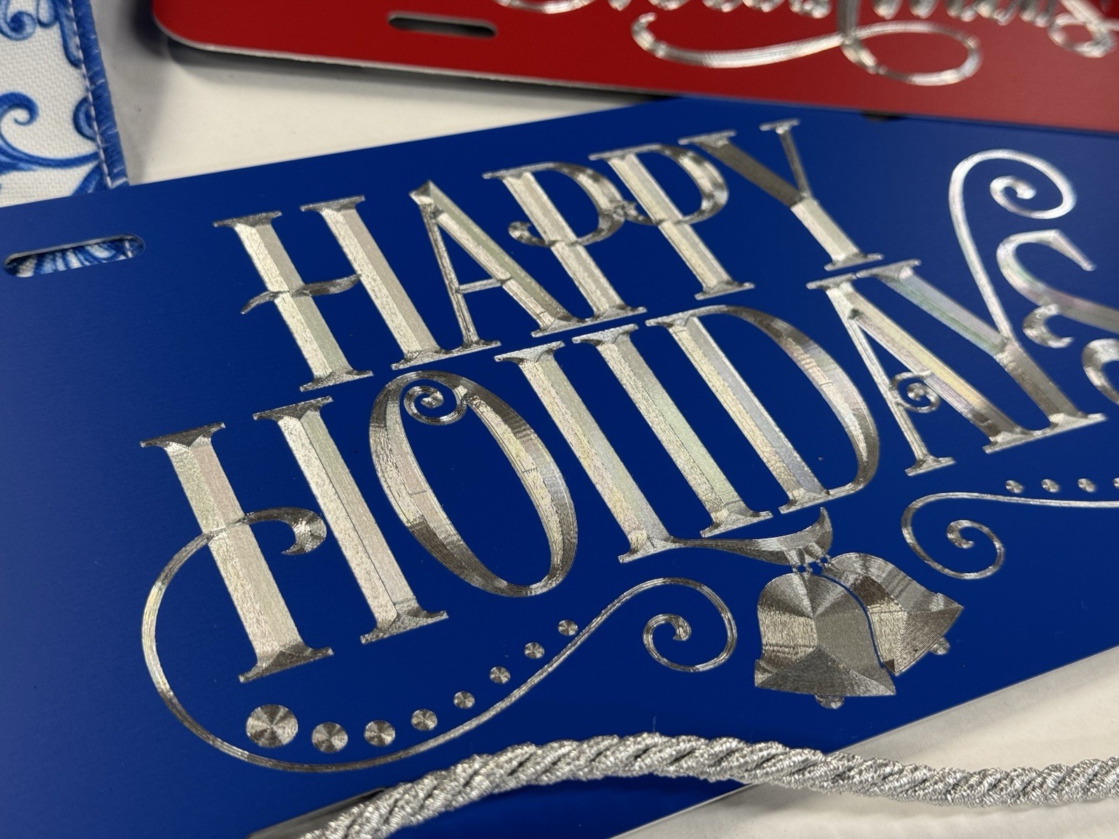 Happy Holidays Blue Christian Gift Car Tag Diamond Etched Engraved License Plate