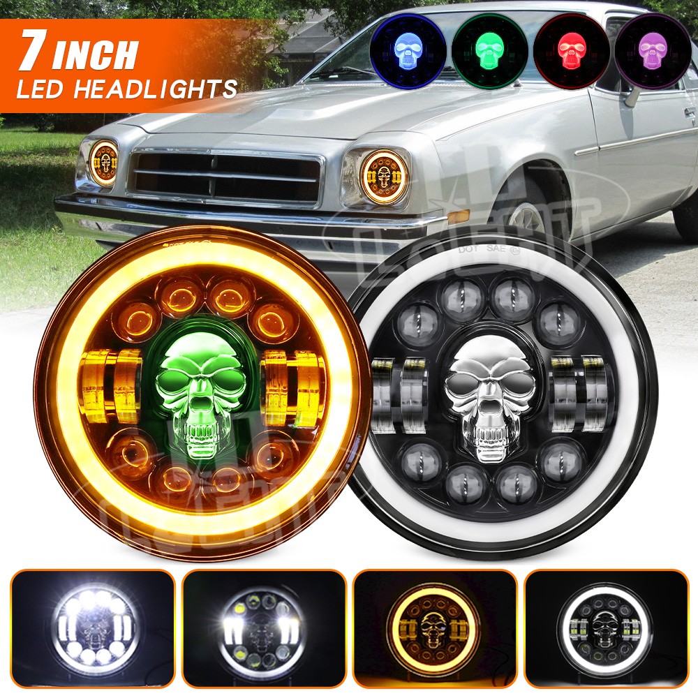 Pair 7inch Round LED Headlights Hi/Lo RGB Skull Halo For Chevy Nova Camaro Monza Pair 7inch Round LED Headlights Hi/Lo RGB Skull Halo For Chevy Nova Camaro Monza