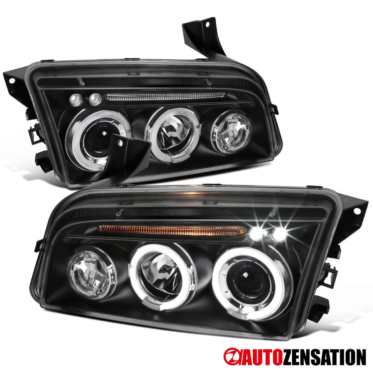 Fit 2006-2010 Dodge Charger Black LED Halo Projector Headlights Left+Right 06-10