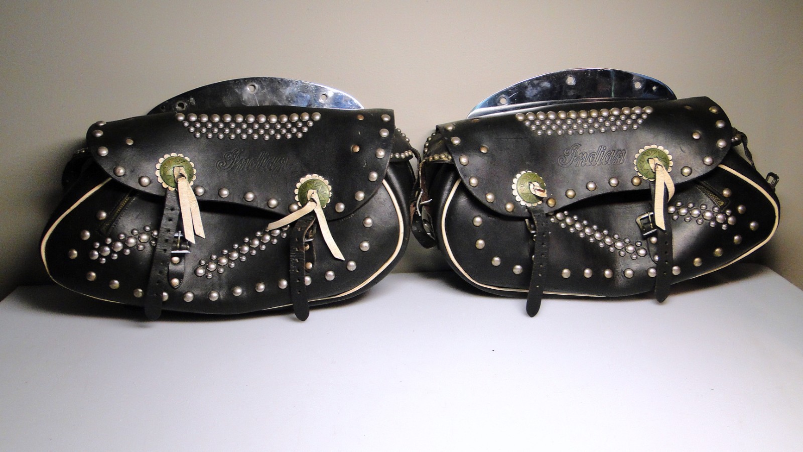 Vintage Indian Motorcycle Black Leather Saddle Bags Pair w Metal Embellishments Vintage Indian Motorcycle Black Leather Saddle Bags Pair w Metal Embellishments