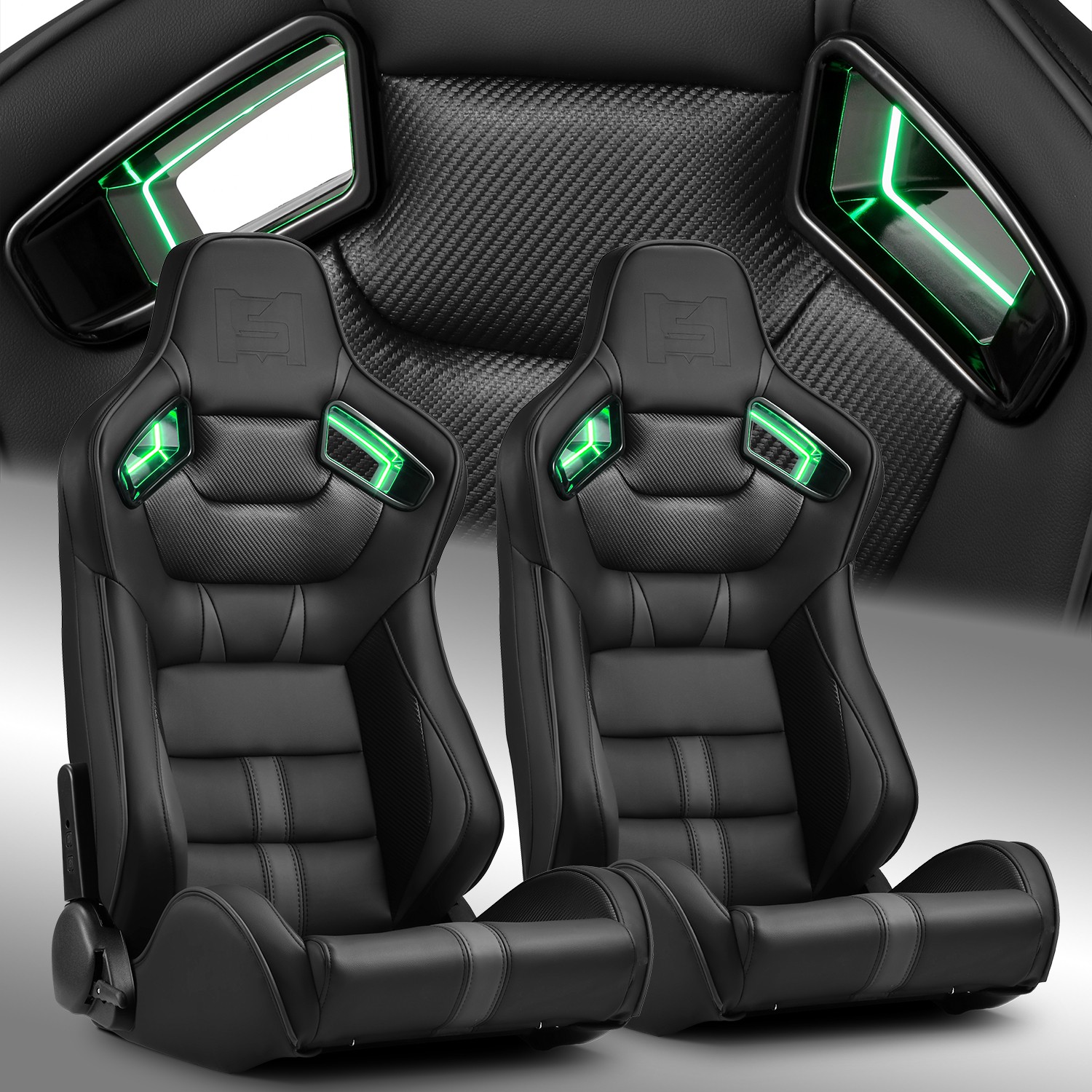 [Noen Racer Series]Reclinable Univeral PVC Racing Seats Pair Black