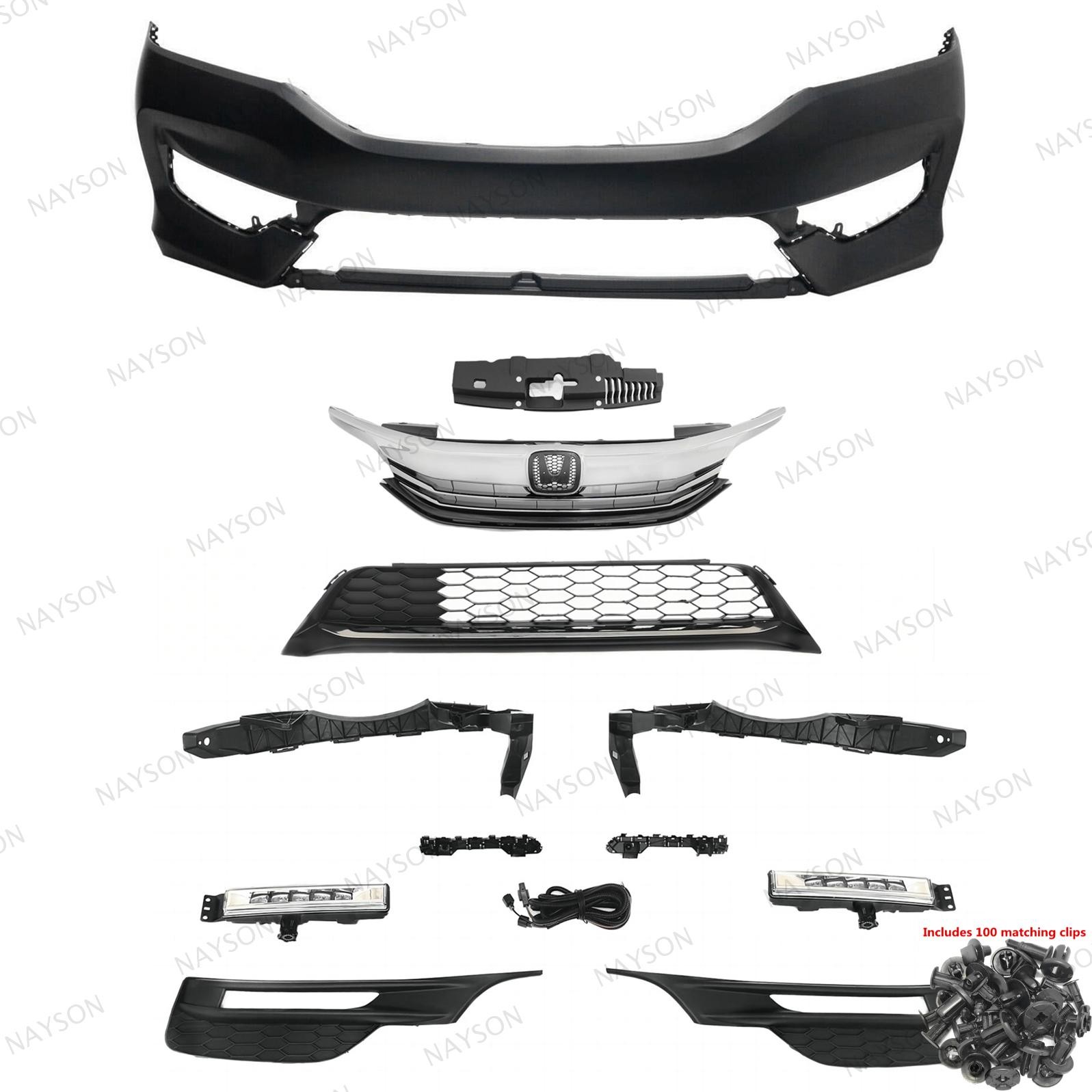 For Accord 2016-17 Front Bumper Cover/Upper Lower Grilles/LED Fog Lamps/Retainer
