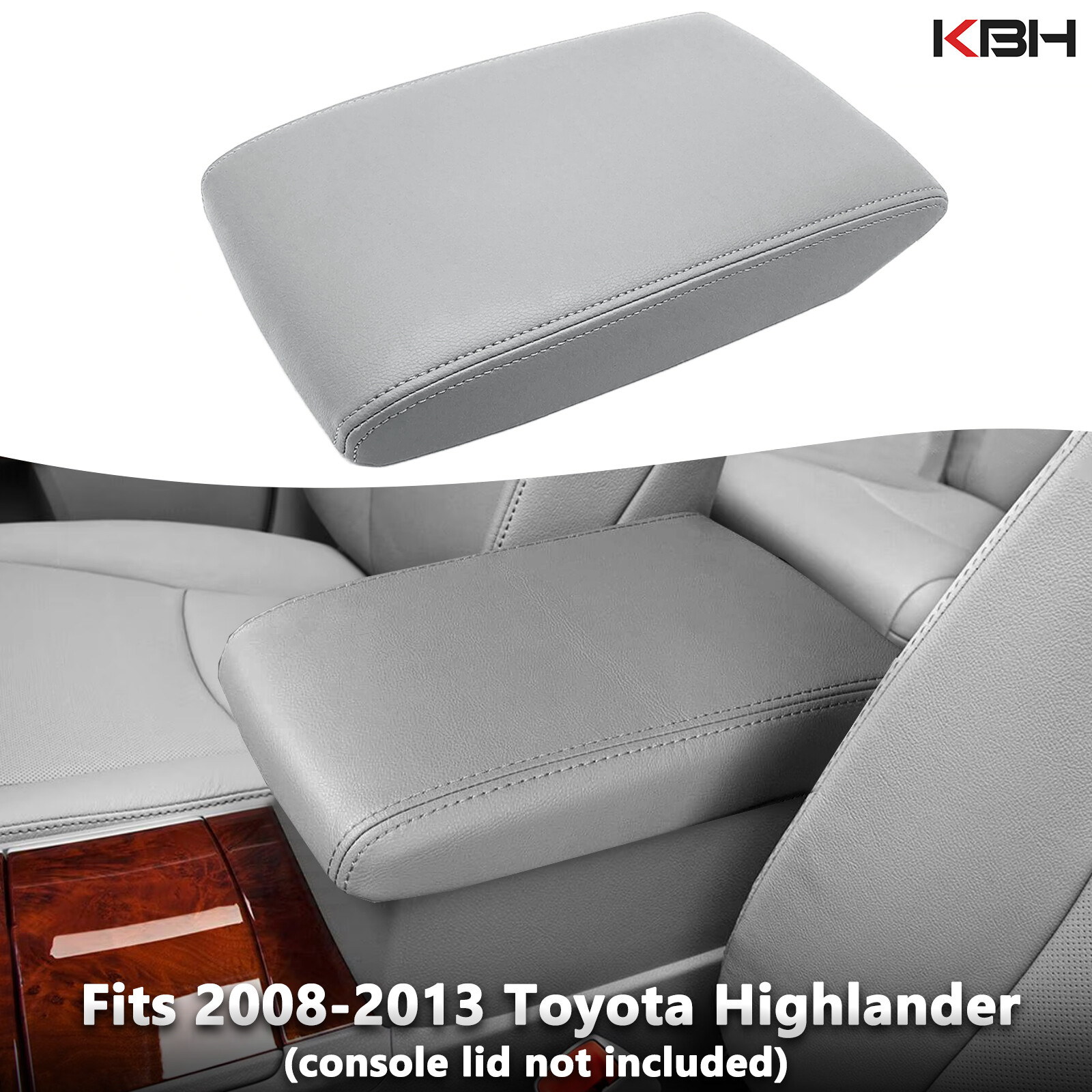 Fits 2008-2013 Toyota Highlander Leather Center Console Armrest Lid Cover Gray
