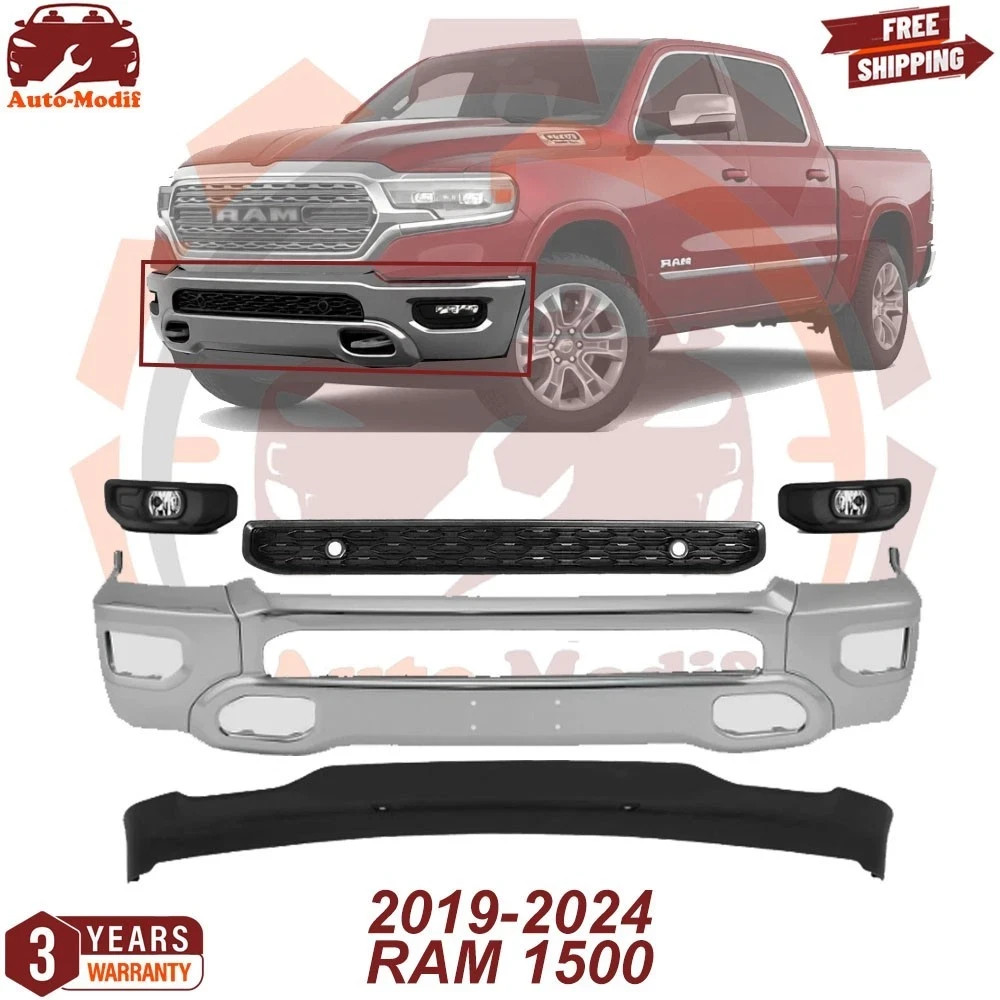 Front Bumper Face Bar Chrome & Fog Lights Assembly Kit For 2019-2024 RAM 1500 Front Bumper Face Bar Chrome & Fog Lights Assembly Kit For 2019-2024 RAM 1500