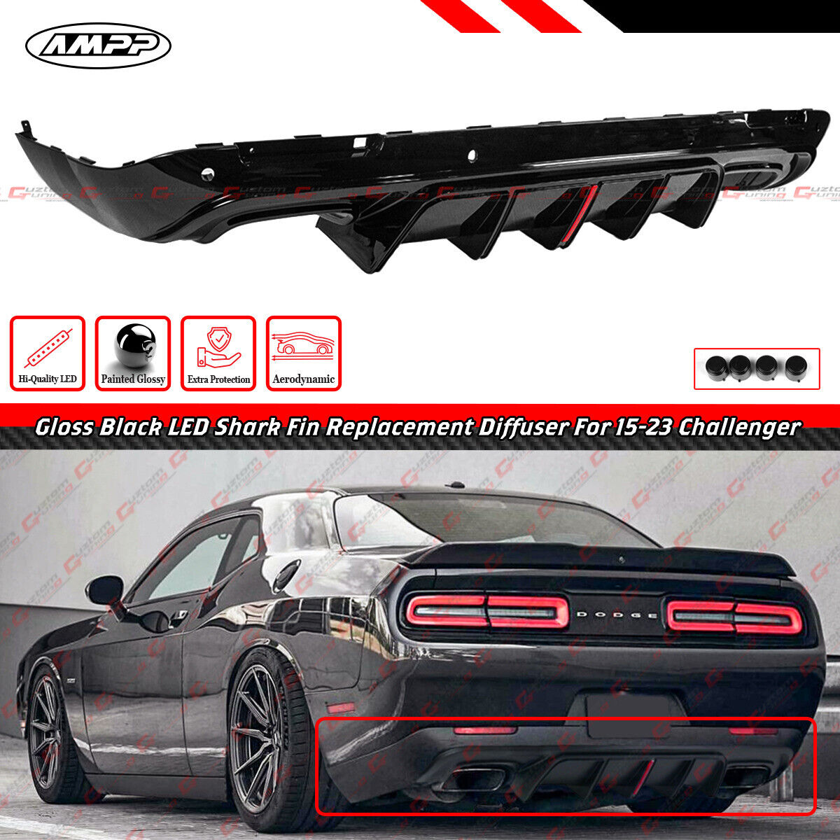 For 15-23 Dodge Challenger AMPP LED Gloss Black Rear Bumper Diffuser Replacement