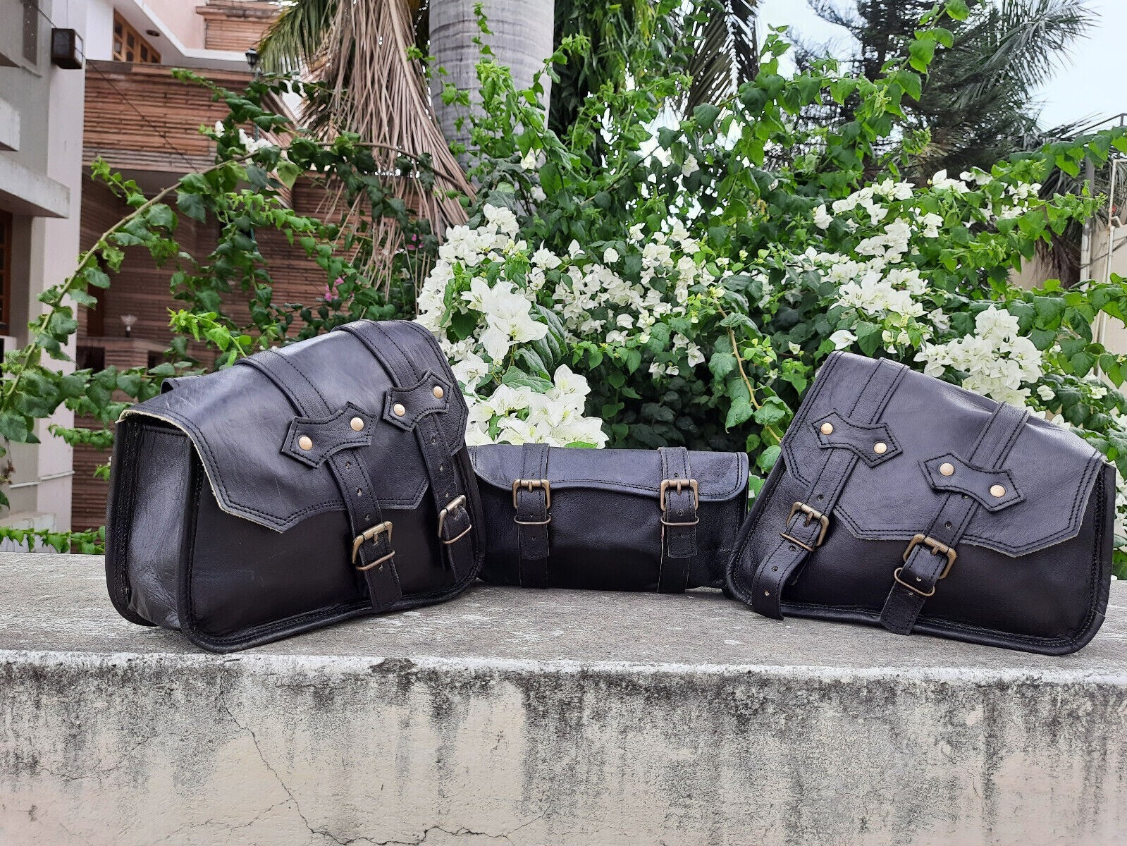 3 Saddlebags Saddle Panniers For Motorcycle 3 Bags Side Pouch Black Leather Bag