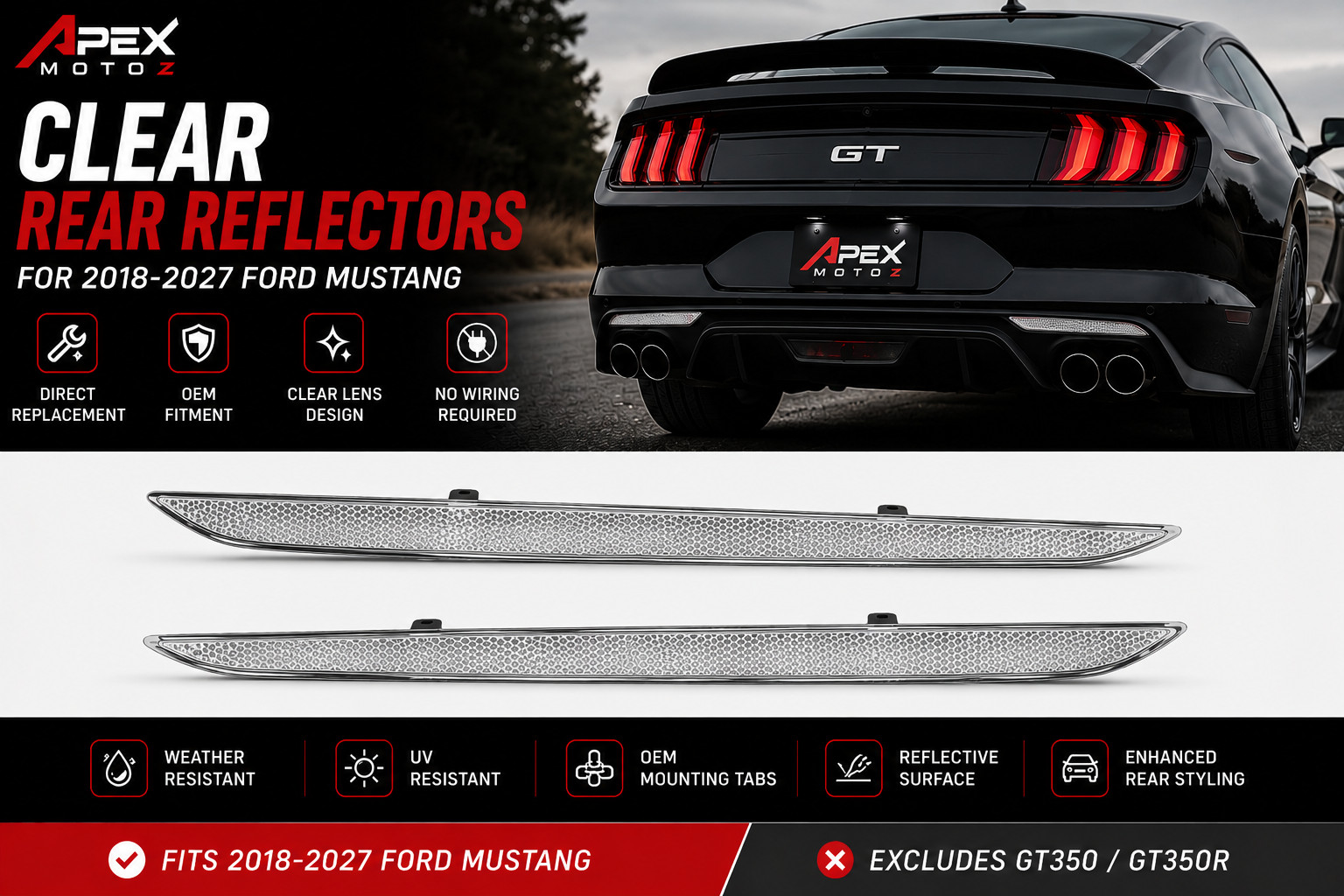 2Pcs Euro Clear Lens Rear Bumper Reflector Lenses For 2018-2027 Ford Mustang