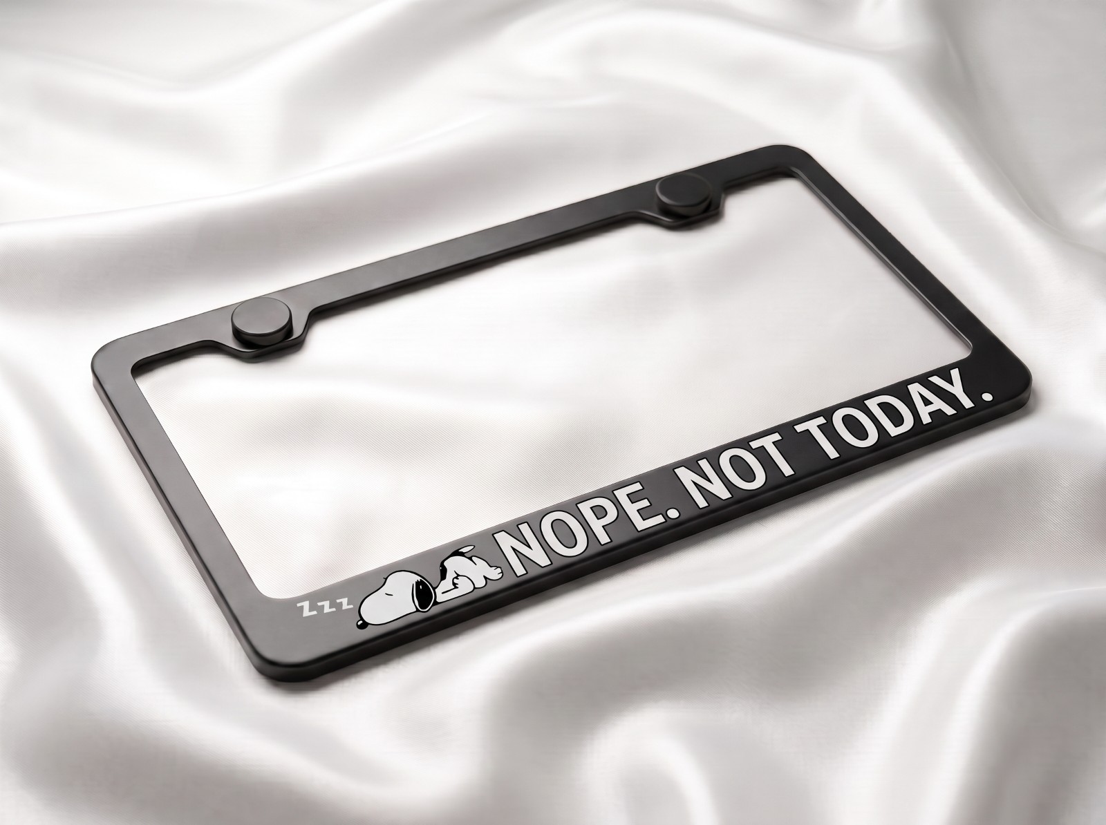 Nope. Not Today. License Plate Frame Black Metal - Sleepy Snoopy Tired Annoyed