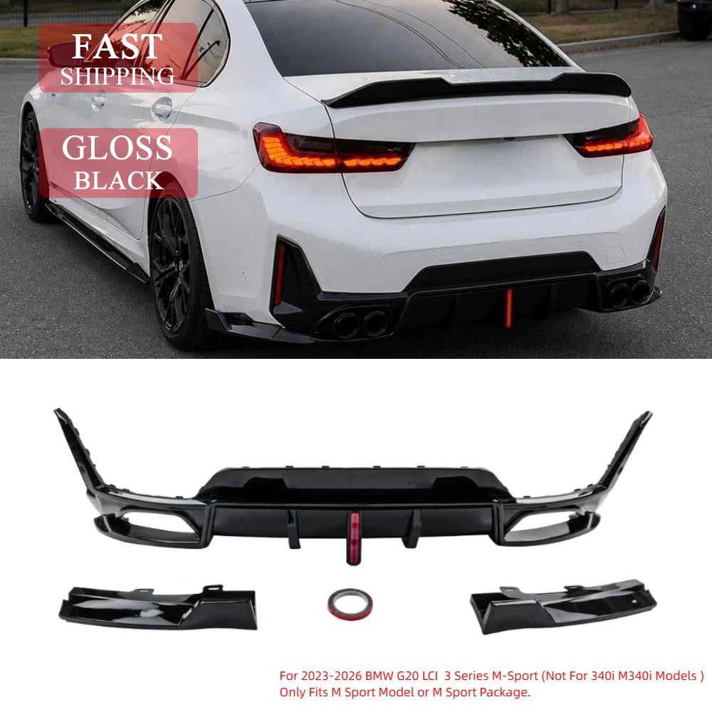 LED Rear Bumper Diffuser For BMW G20 LCI 3 Series 2023-2026 M Sport Gloss Black