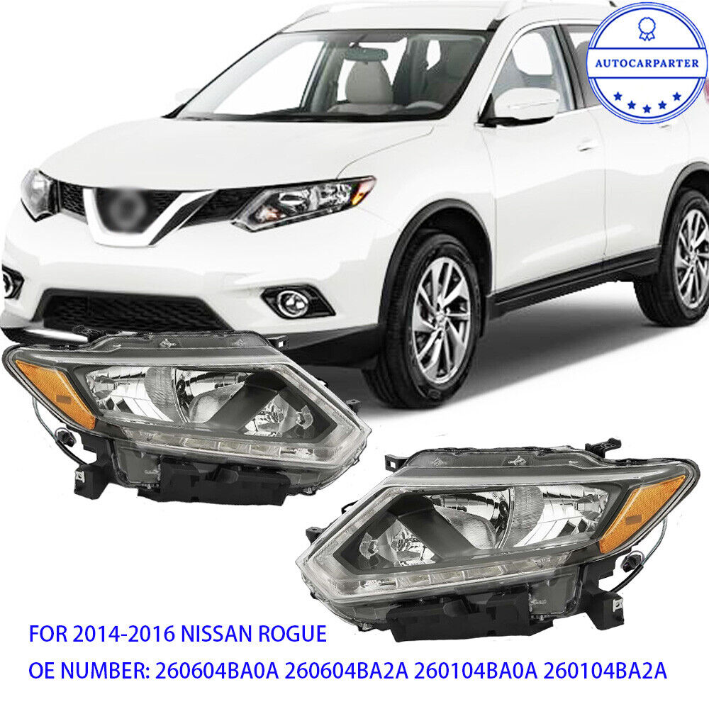For 2014-2016 Nissan Rogue LH & RH Halogen Headlights Chrome Headlamp WITH DRL