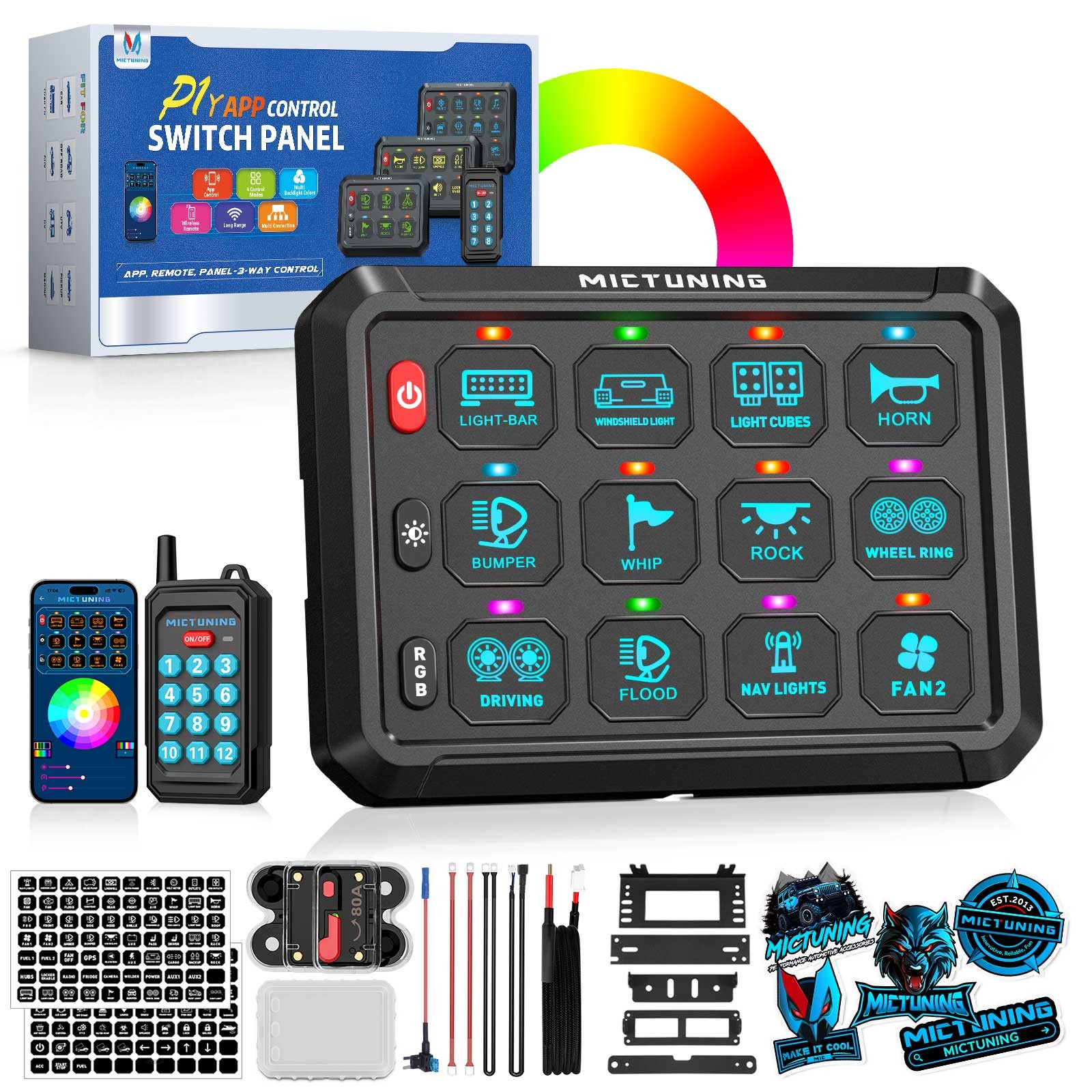 MICTUNING RGB 12 Gang Switch Panel 12V Wireless Remote App Control Light Circuit