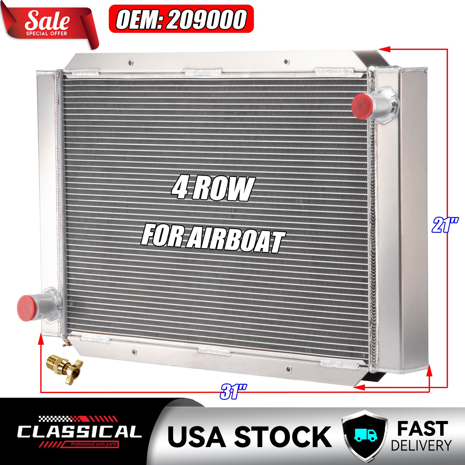 Universal 4 Row Aluminum Radiator For Airboat Overall Size 31\'\' x 21\'\' # 209000