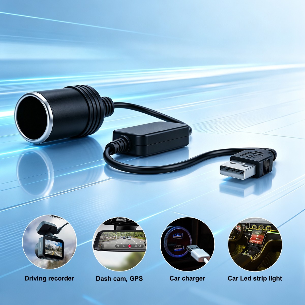 USB Male to 12V Cigarette Lighter Female Socket Adapter, Portable Power Supply