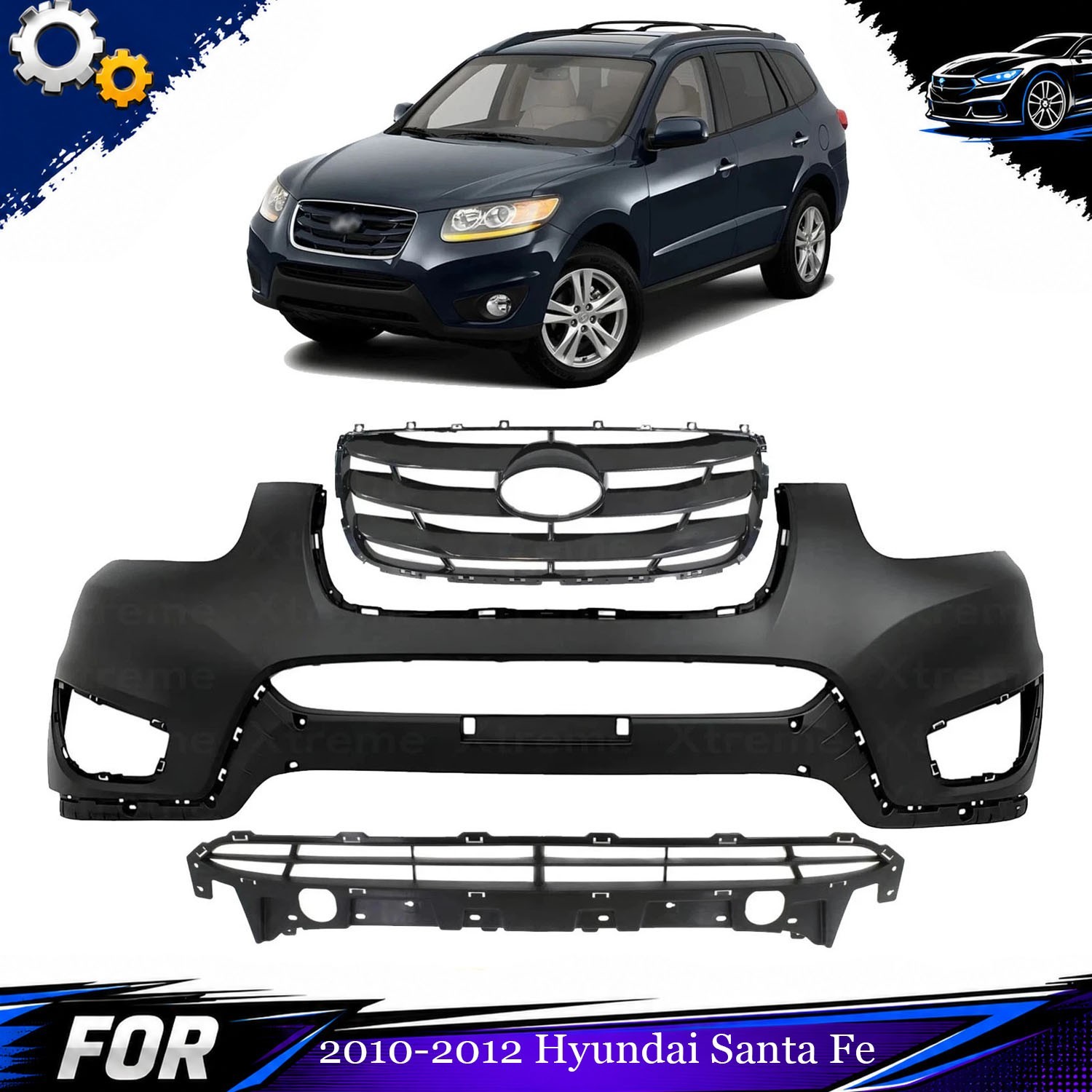 Front Bumper Cover Primed & Grille Assembly For 2010-2012 Hyundai Santa Fe