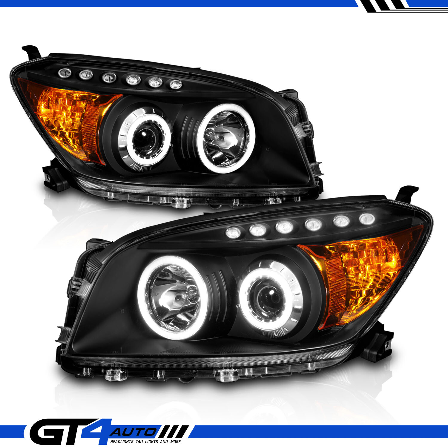 For 2006-2008 Toyota Rav4 Dual LED Halo Projector Black Headlights LH+RH Pair