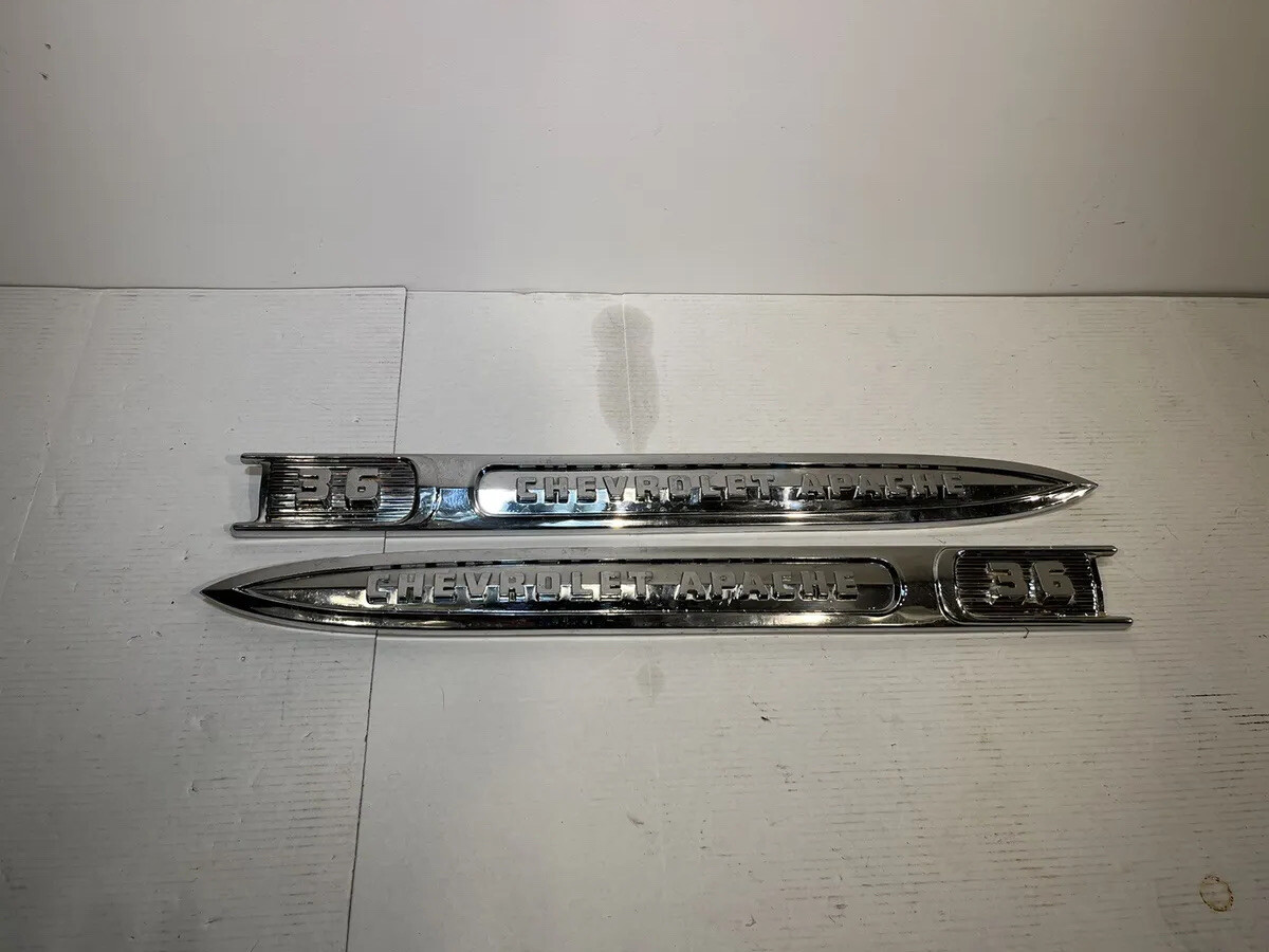 Original 1959 c10 chevrolet 36 Apache Fleetside Fender Chrome Spear Emblem Set Original 1959 c10 chevrolet 36 Apache Fleetside Fender Chrome Spear Emblem Set