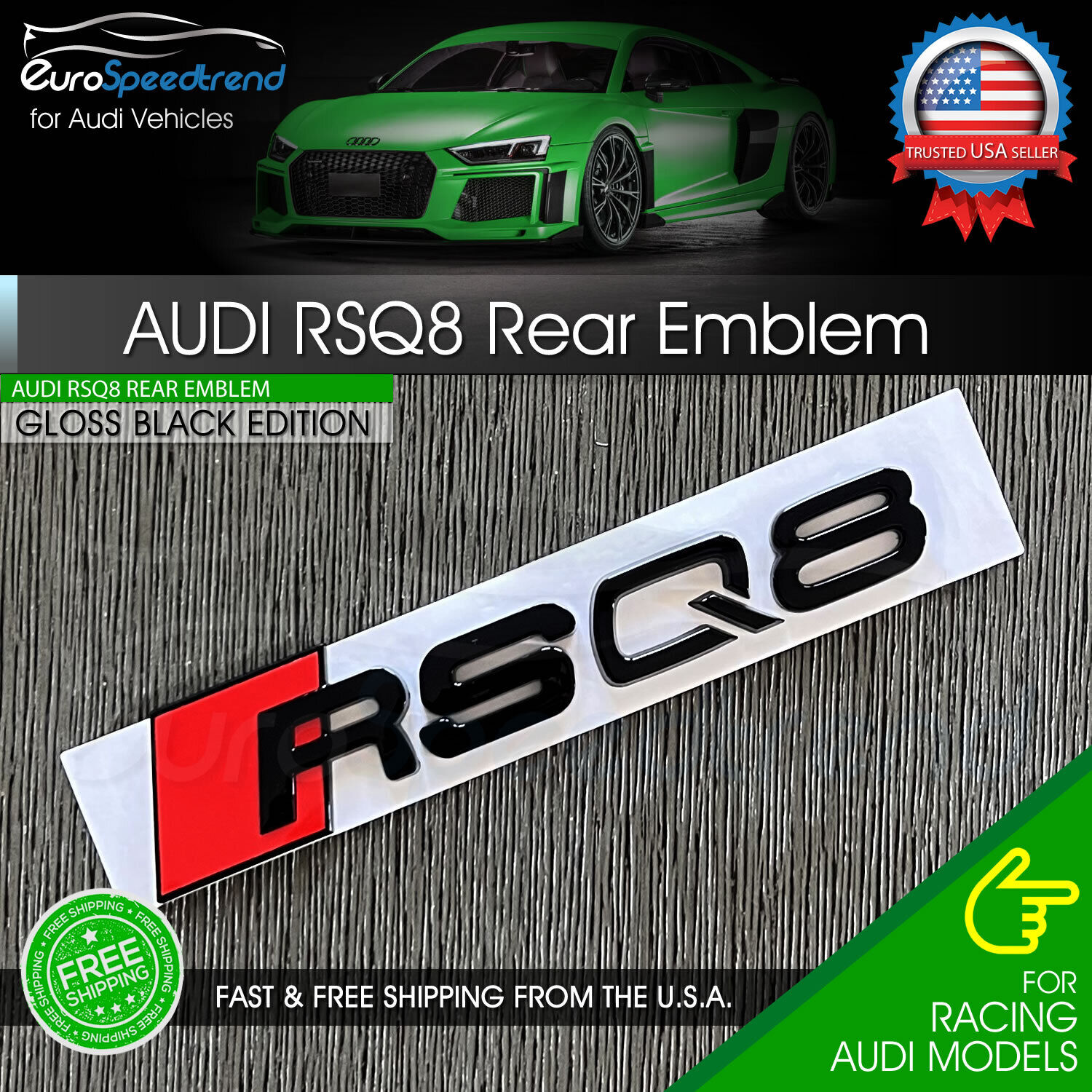 Audi RSQ8 Gloss Black Emblem 3D Trunk Logo Badge Rear Tailgate OEM Nameplate SQ8