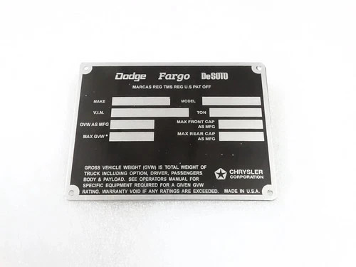 3X DATA PLATE FOR DODGE FARGO DeSOTO POWER WAGON TRUCKS 1972-73 #V309-8 3X DATA PLATE FOR DODGE FARGO DeSOTO POWER WAGON TRUCKS 1972-73 #V309-8