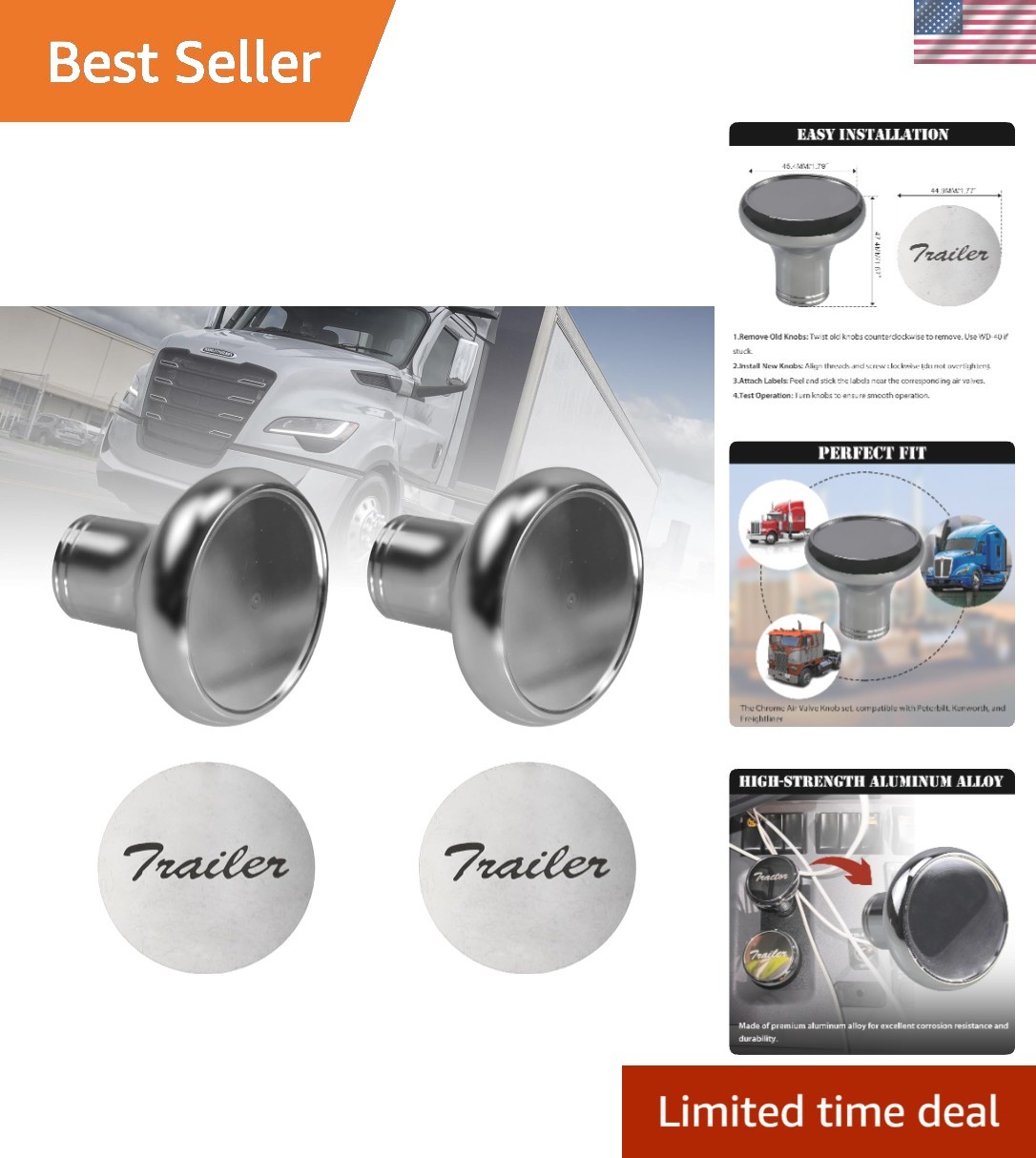 Elegant Chrome Air Valve Knob Set for Peterbilt, Kenworth, Freightliner - 2PCS