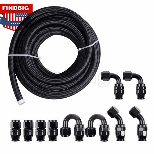 8AN PTFE Fuel Line Kit E85 Black Nylon Braided Safe Hose For 10FT/12FT/20/30FT