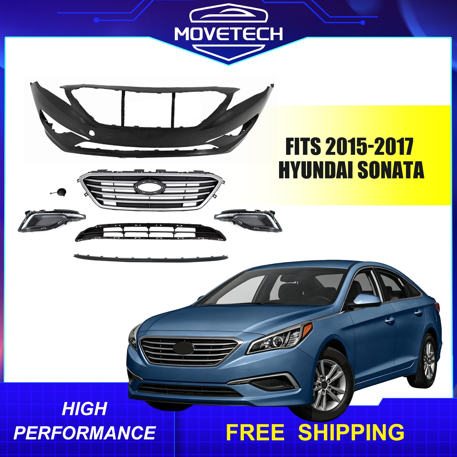 Fits 2015-2017 Hyundai Sonata New Front Bumper Cover Kit With Upper Lower Grille Fits 2015-2017 Hyundai Sonata New Front Bumper Cover Kit With Upper Lower Grille