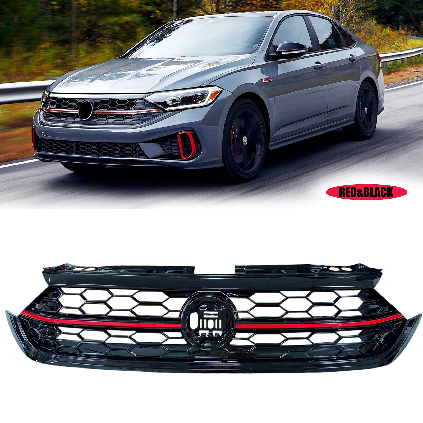 For 2022 2023 2024 VW Volkswagen Jetta GLI Black Front Bumper Grill W/ Red Trim
