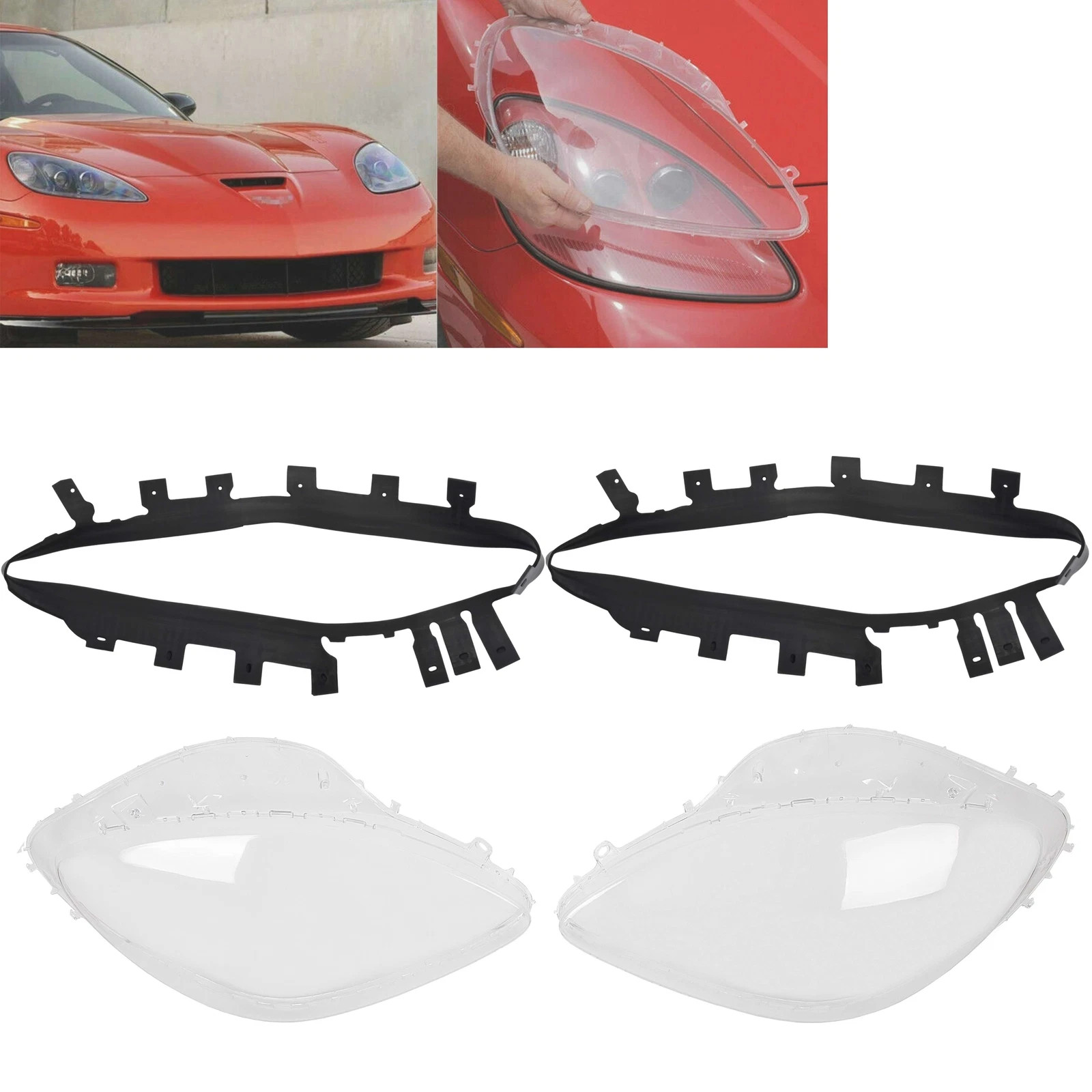 Pair Headlight Headlamp Lens Cover Anti-UV with Gaskets For Corvette C6 2005-13
