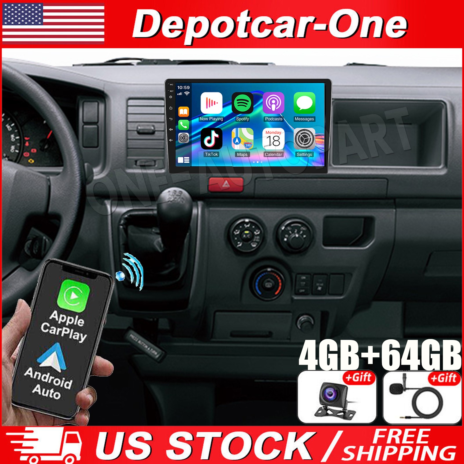 10'' Car Radio Stereo For Toyota Hiace 2006-2019 Android 13 CarPlay GPS 4+64GB