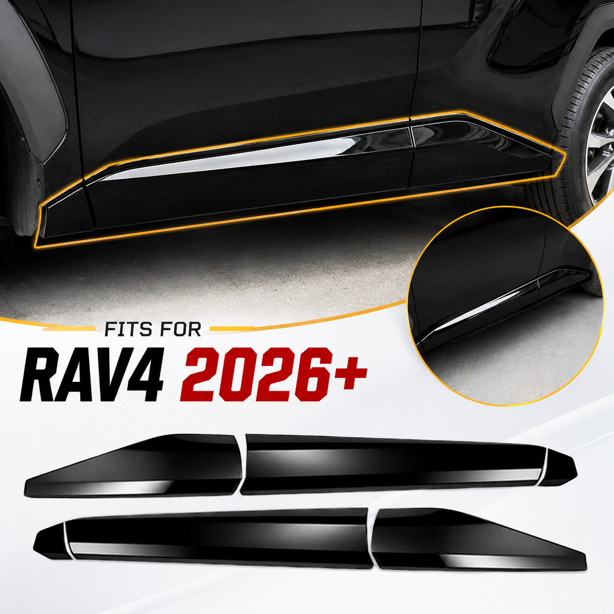 6PCS Glossy Black Side Door Molding Trim Rocker Panel Guard For Toyota RAV4 2026