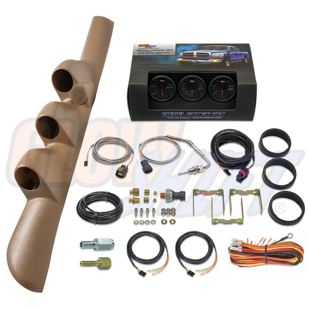 GlowShift Boost/1500F EGT/Fuel Press Gauges & Tan Pod Fits 98-02 Ram Cummins