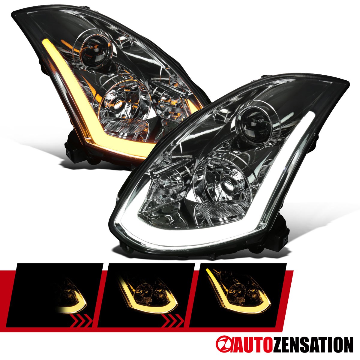 Fit 2003-2007 Infiniti G35 Coupe Smoke HID Projector Headlights LED Sequential Fit 2003-2007 Infiniti G35 Coupe Smoke HID Projector Headlights LED Sequential