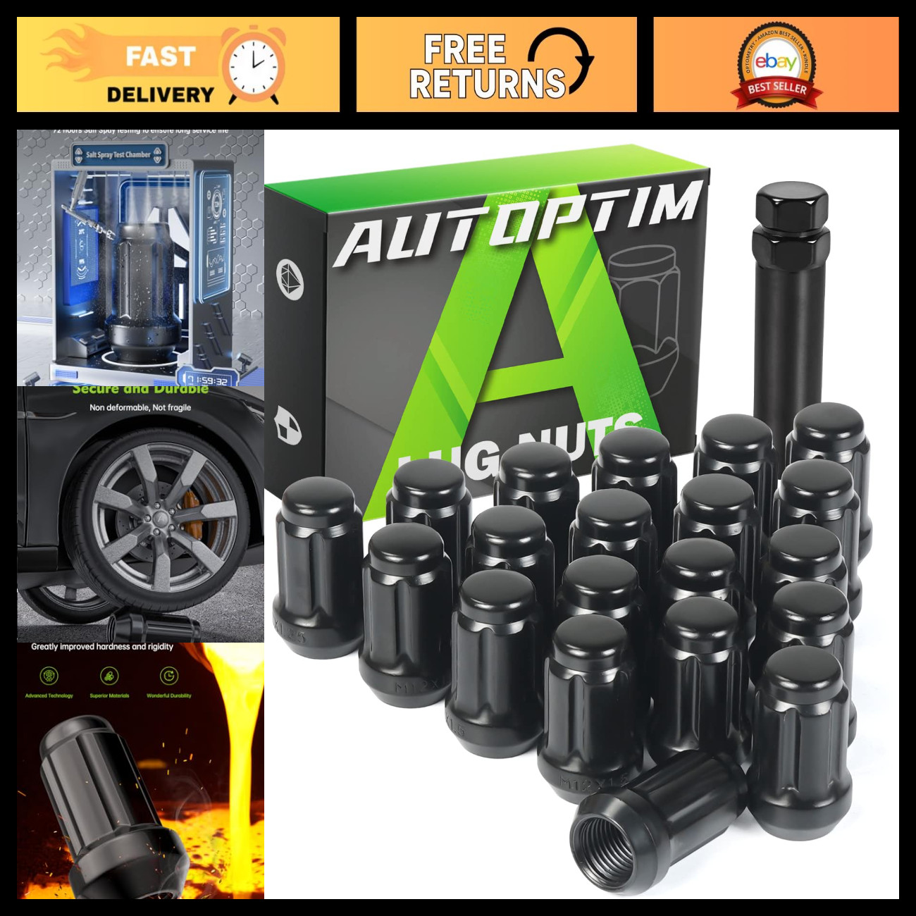 M12x1.25 Spline Lug Nuts - 20 Black Wheel Nuts with Socket for Nissan Vehicles