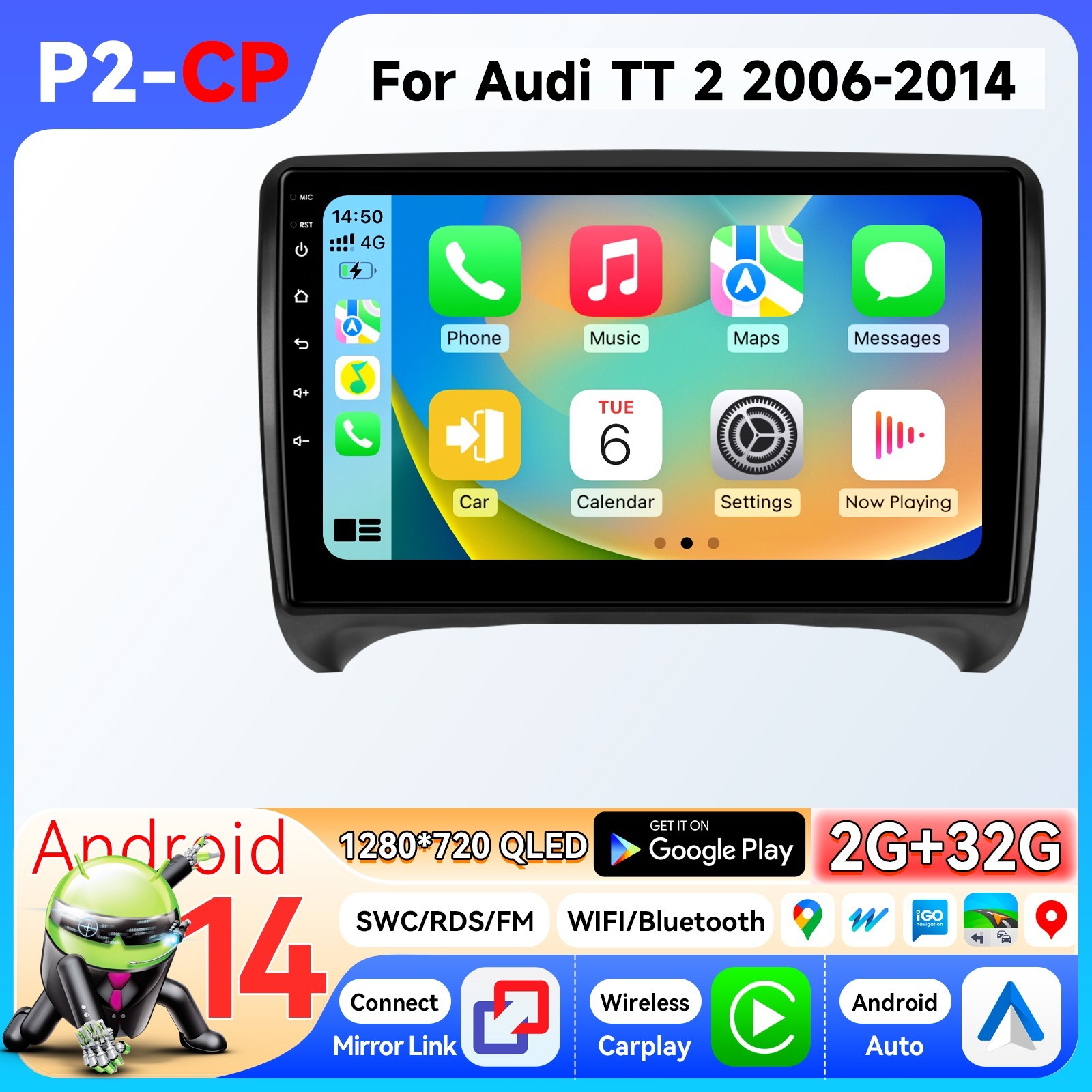 Android 14 Apple Carplay For Audi TT 2 2006-2014 Car Radio GPS Navi Stereo SWC