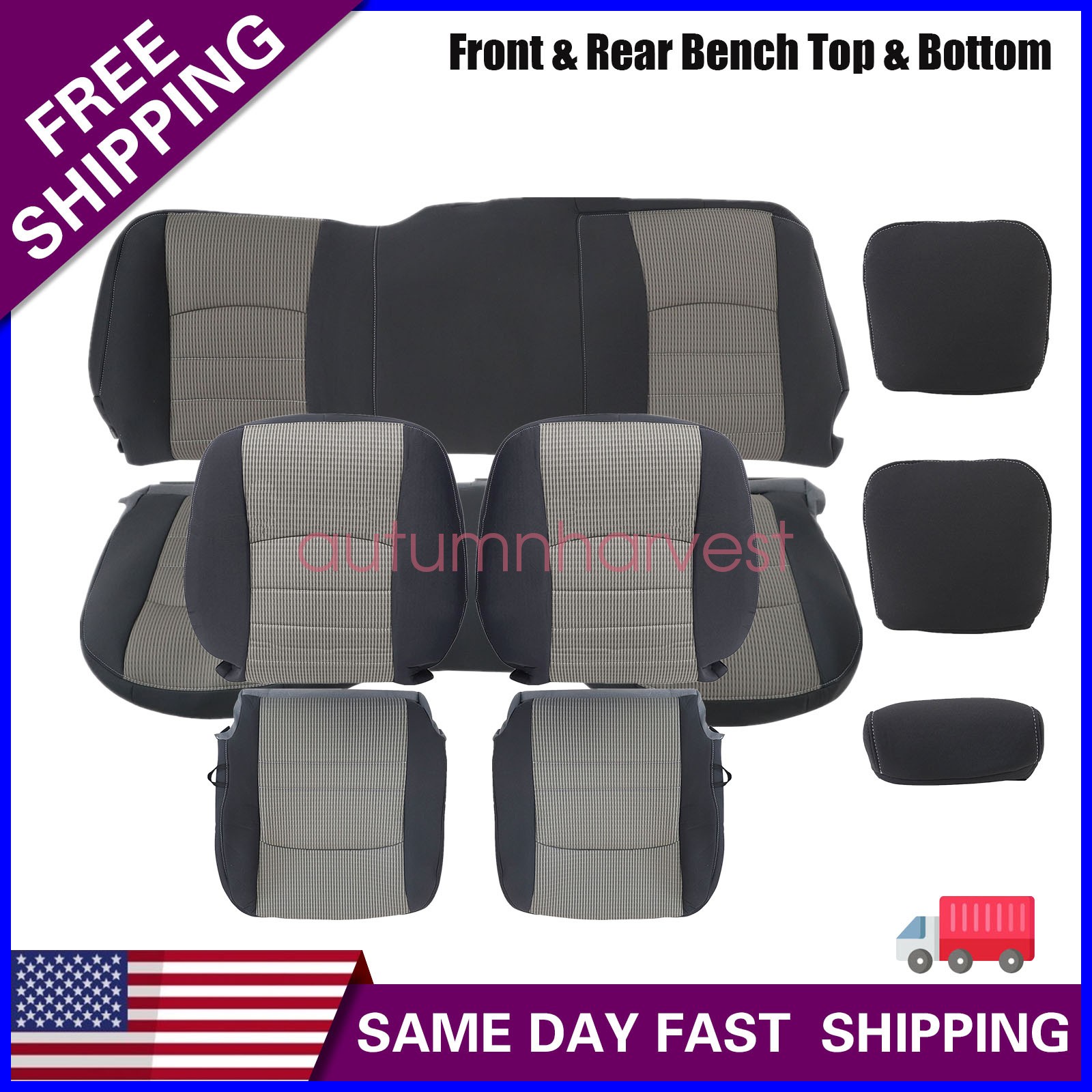 2009-12 For Dodge Ram 1500 Front & Rear Bench Bottom & Top & Headrest Seat Cover