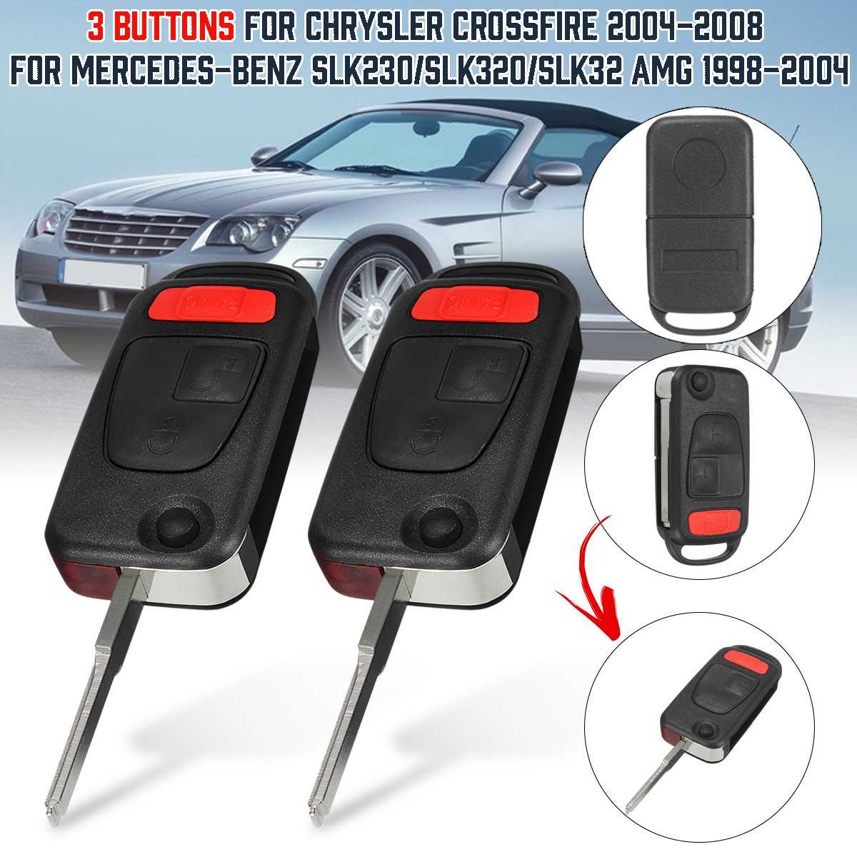 2X KEY REMOTE FOB CASE 3 Button  For Chrysler Crossfire 2004 - 2008 FLIP