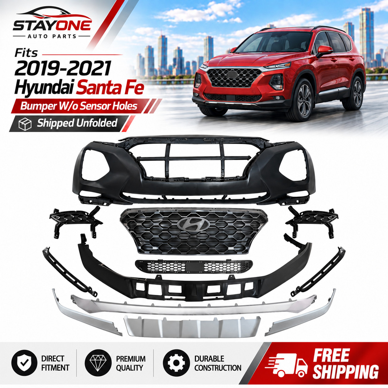 For 2019-2021 Hyundai Santa Fe 12PCS Complete Front Bumper Grills Skid Plate Kit For 2019-2021 Hyundai Santa Fe 12PCS Complete Front Bumper Grills Skid Plate Kit