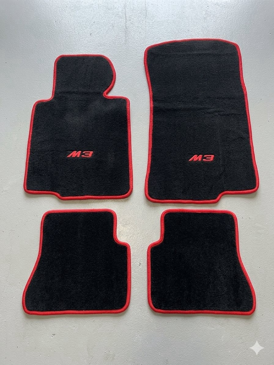 Custom BMW E46 M3 Convertible Floor Mats (Black w/ Red Trim) – Full 4pc Set Custom BMW E46 M3 Convertible Floor Mats (Black w/ Red Trim) – Full 4pc Set