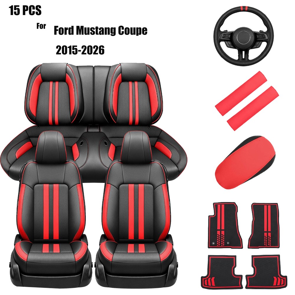 15 PCS Car Interior Seat Covers+Floor Mats For Ford Mustang Coupe 2015-2026 Red