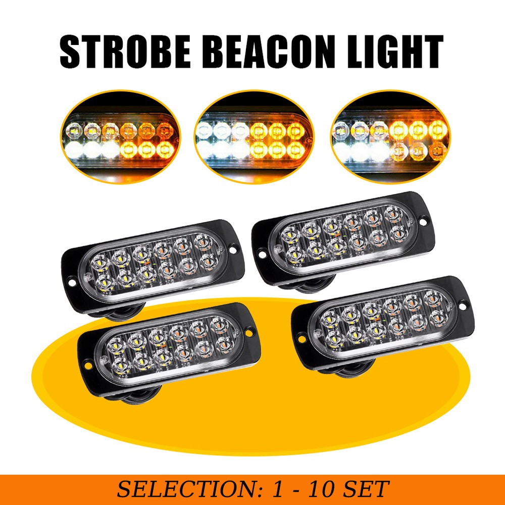 4-40X Amber White 12LED Strobe Lamps Flashing Warning Light For Car Truck Pickup
