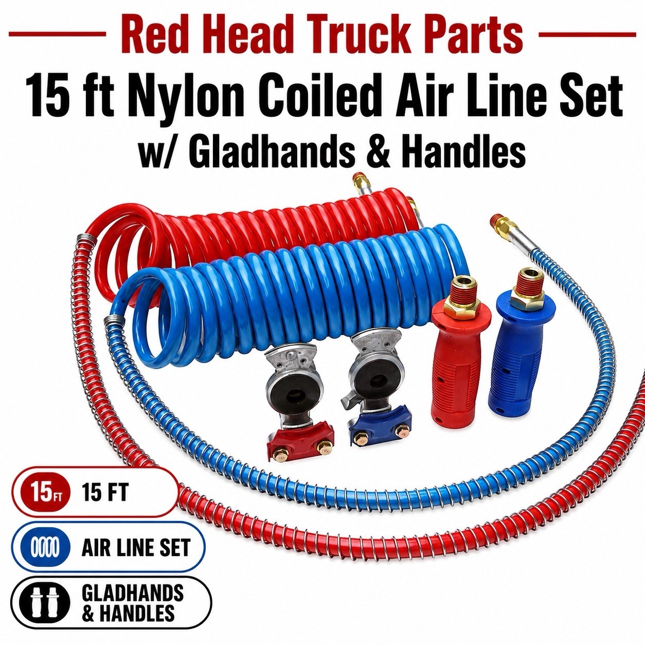 Red Head Truck Parts 15 ft Nylon Coiled Air Line Set w/Gladhands & Handles Red Head Truck Parts 15 ft Nylon Coiled Air Line Set w/Gladhands & Handles