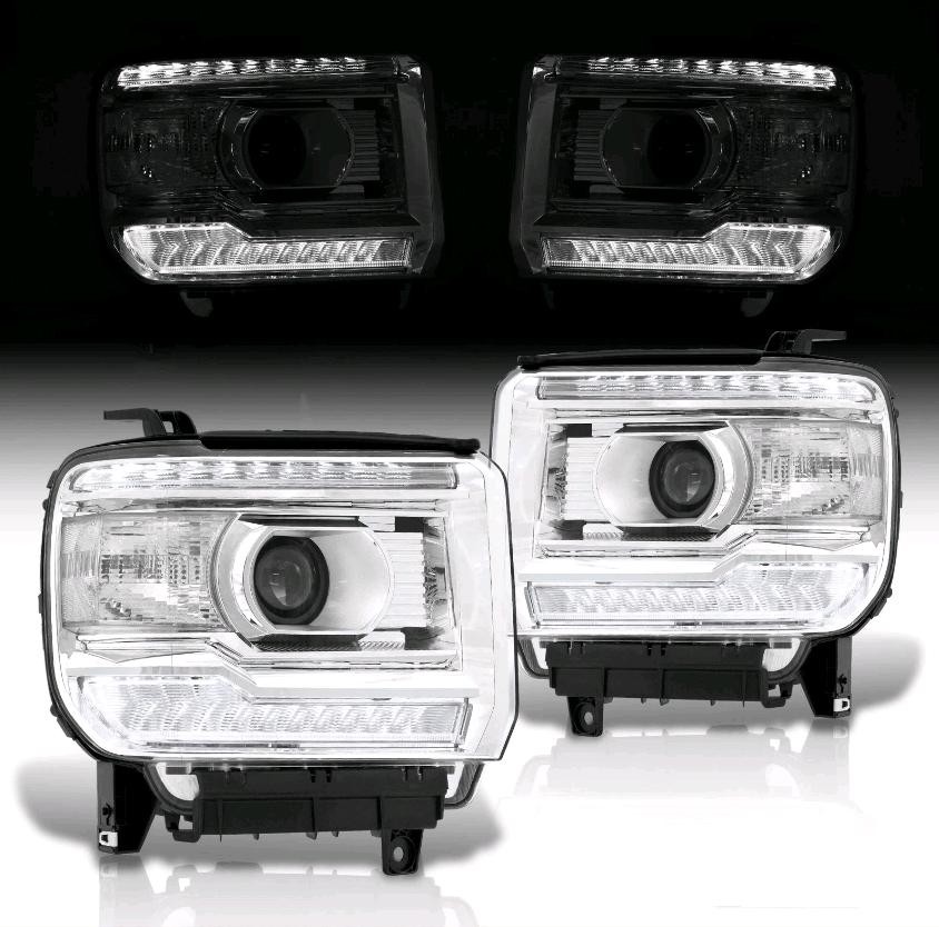 Pair Chrome Clear LED DRL Headlights Lamp Assembly for 2014-2018 GMC Sierra 1500