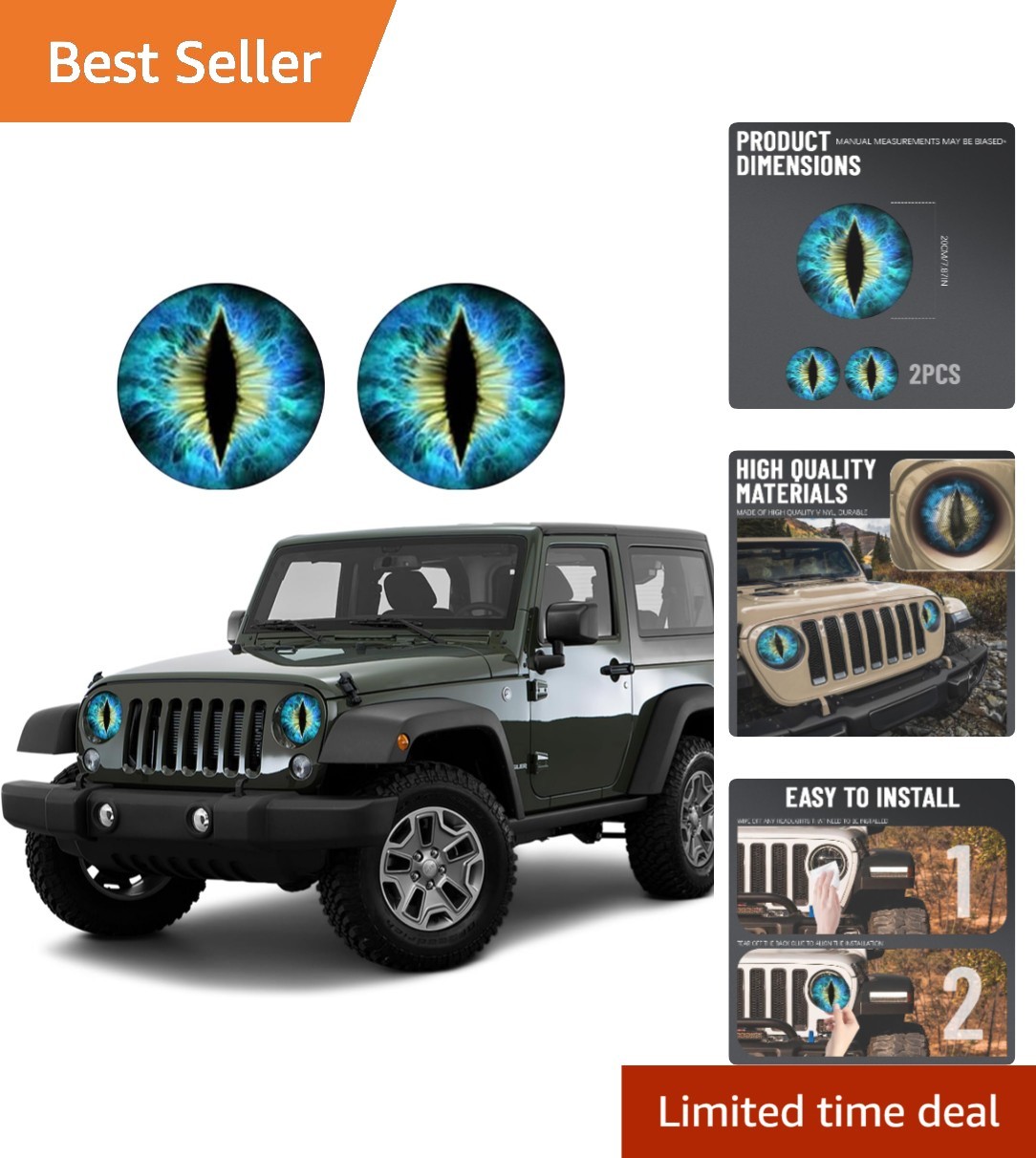 2PCS 3D Beast Eyes Headlight Decals - Waterproof Car Stickers for Jeep Wrangler