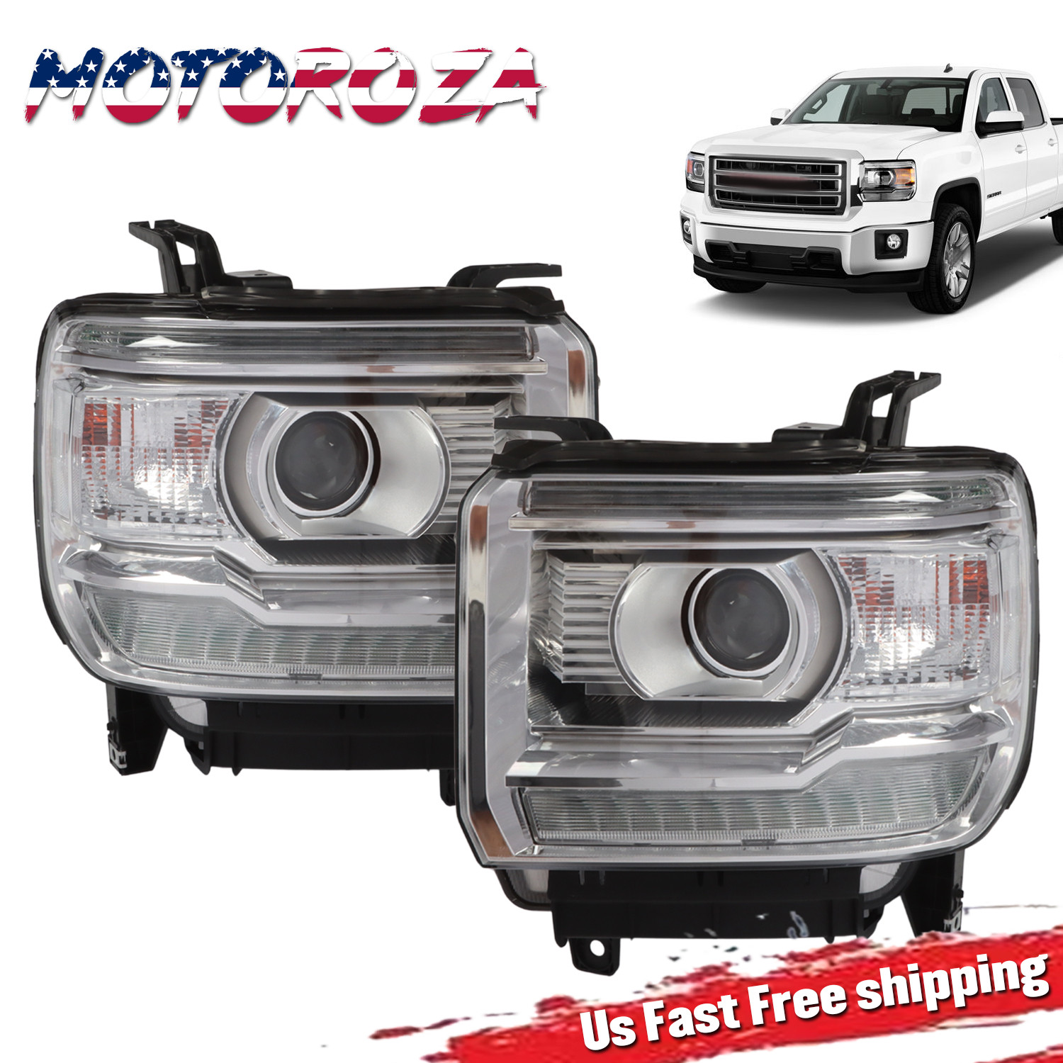 Front Pair Clear LED DRL Headlights For GMC Sierra 1500 2500HD 3500HD 2014-2018