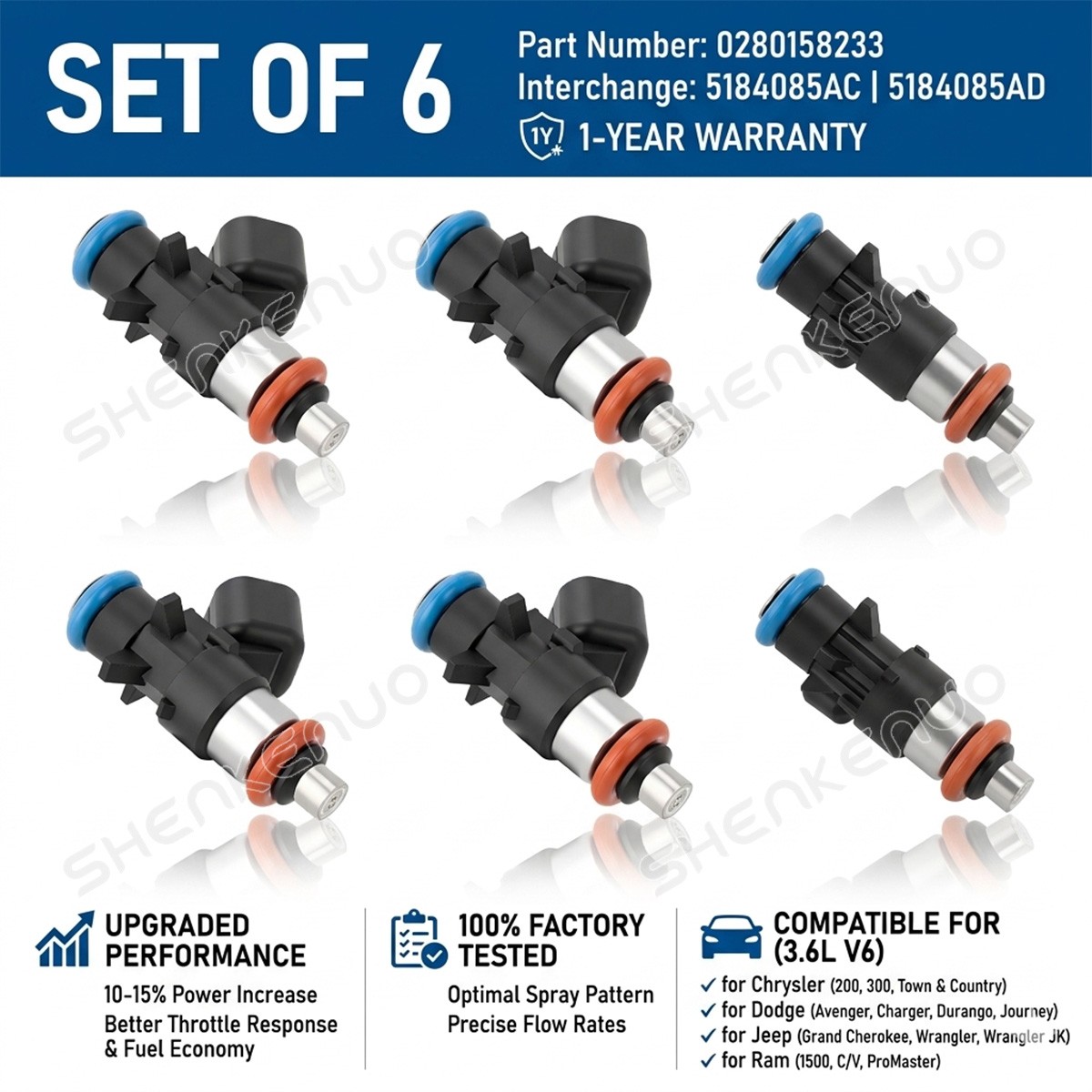 6x High Performance Fuel Injectors 3.6L for Chrysler Dodge Jeep 0280158233