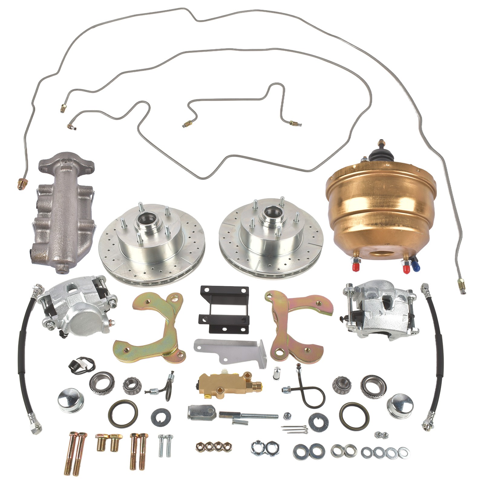 Front Power Disc Brake Conversion Drilled Rotors Lines Set For 1955-1957 Bel Air